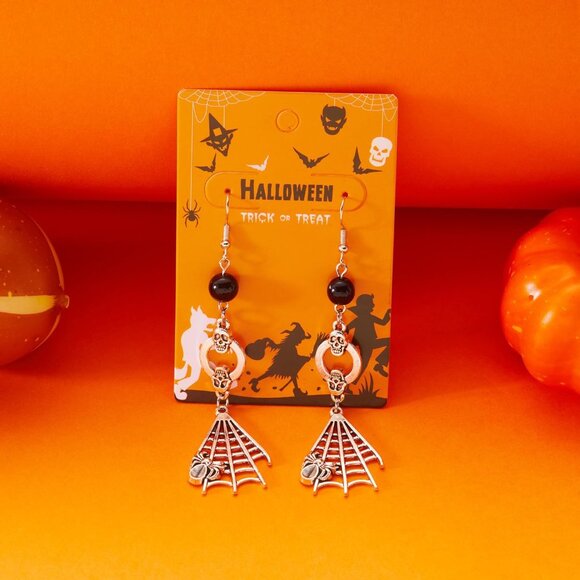 Women's Silver Halloween Skeleton Spider Pumpkin Party Ghost Dangle Earrings - Picture 5 of 7